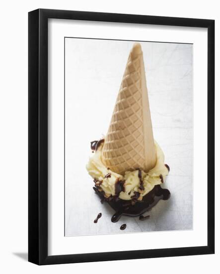 Cone of Nut Ice Cream with Chocolate Sauce-null-Framed Photographic Print