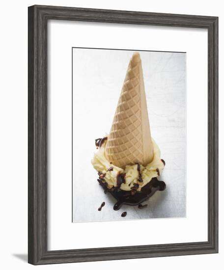 Cone of Nut Ice Cream with Chocolate Sauce-null-Framed Photographic Print