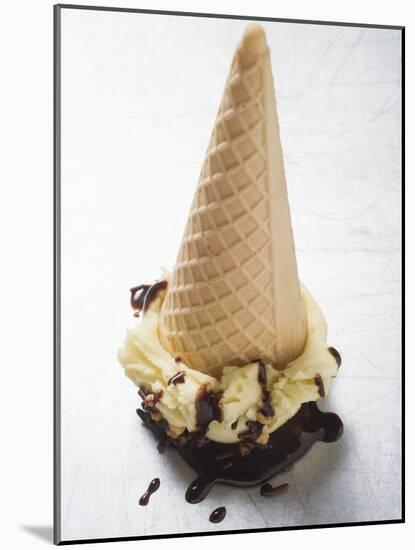 Cone of Nut Ice Cream with Chocolate Sauce-null-Mounted Photographic Print