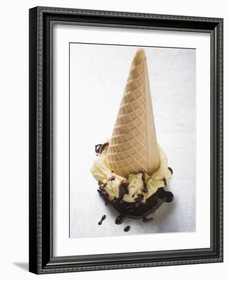 Cone of Nut Ice Cream with Chocolate Sauce-null-Framed Photographic Print