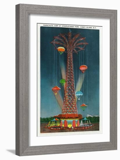 Coney Island, New York - Steeplechase Park Parachute Jump View at Night-Lantern Press-Framed Art Print