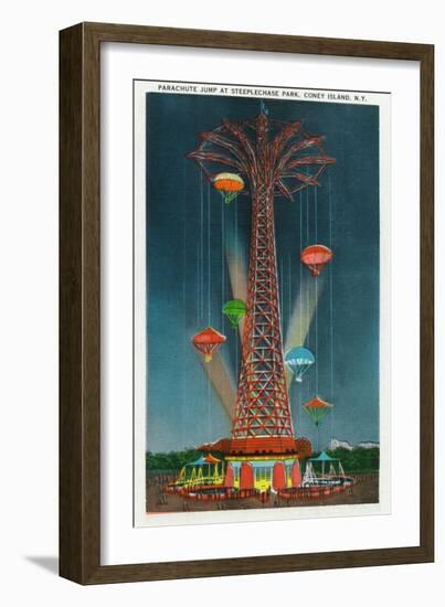 Coney Island, New York - Steeplechase Park Parachute Jump View at Night-Lantern Press-Framed Art Print