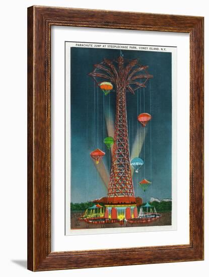 Coney Island, New York - Steeplechase Park Parachute Jump View at Night-Lantern Press-Framed Art Print