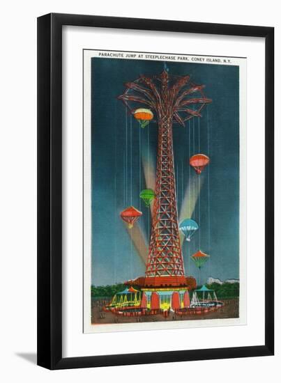 Coney Island, New York - Steeplechase Park Parachute Jump View at Night-Lantern Press-Framed Art Print