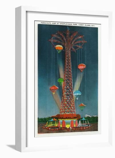 Coney Island, New York - Steeplechase Park Parachute Jump View at Night-Lantern Press-Framed Art Print