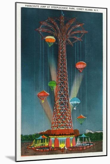 Coney Island, New York - Steeplechase Park Parachute Jump View at Night-Lantern Press-Mounted Art Print