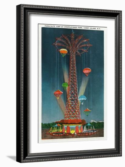 Coney Island, New York - Steeplechase Park Parachute Jump View at Night-Lantern Press-Framed Art Print