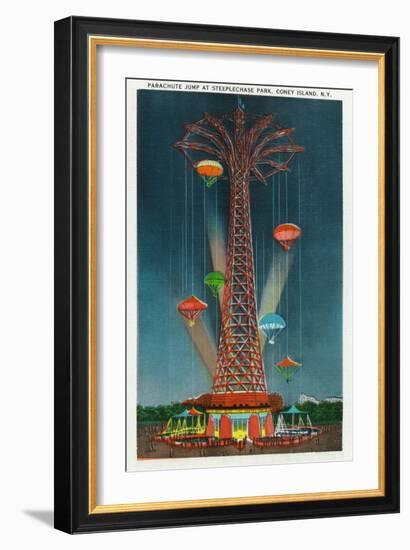 Coney Island, New York - Steeplechase Park Parachute Jump View at Night-Lantern Press-Framed Art Print