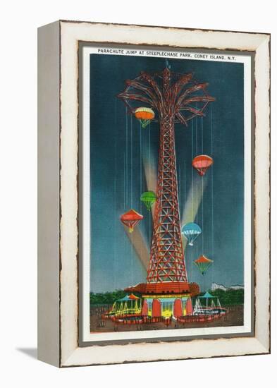 Coney Island, New York - Steeplechase Park Parachute Jump View at Night-Lantern Press-Framed Stretched Canvas