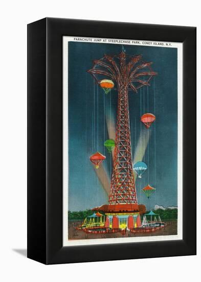 Coney Island, New York - Steeplechase Park Parachute Jump View at Night-Lantern Press-Framed Stretched Canvas