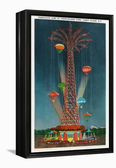 Coney Island, New York - Steeplechase Park Parachute Jump View at Night-Lantern Press-Framed Stretched Canvas