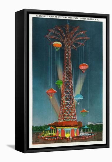 Coney Island, New York - Steeplechase Park Parachute Jump View at Night-Lantern Press-Framed Stretched Canvas