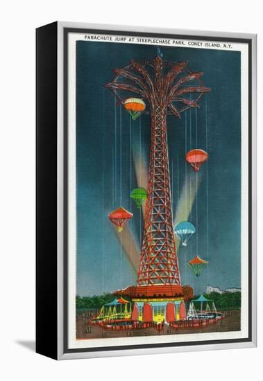 Coney Island, New York - Steeplechase Park Parachute Jump View at Night-Lantern Press-Framed Stretched Canvas