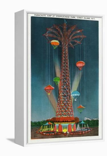 Coney Island, New York - Steeplechase Park Parachute Jump View at Night-Lantern Press-Framed Stretched Canvas