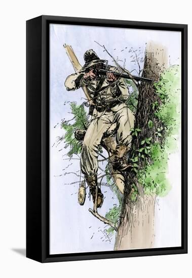 Confederate Sharpshooter Taking Aim from His Perch in a Tree, American Civil War-null-Framed Premier Image Canvas