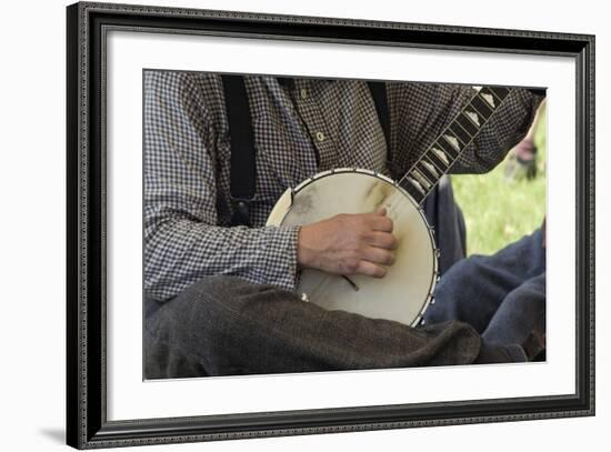 Confederate Soldier Reenactor Playing a Banjo in Camp, Shiloh National Military Park, Tennessee-null-Framed Photographic Print