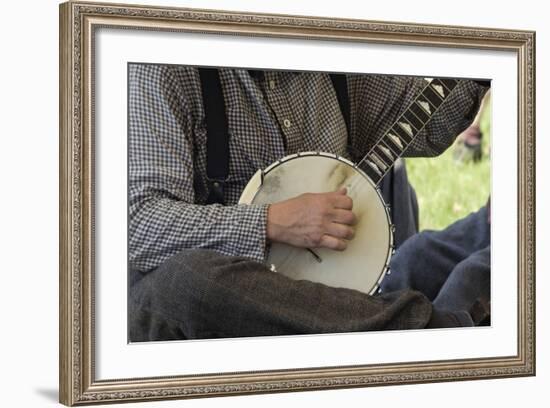 Confederate Soldier Reenactor Playing a Banjo in Camp, Shiloh National Military Park, Tennessee-null-Framed Photographic Print