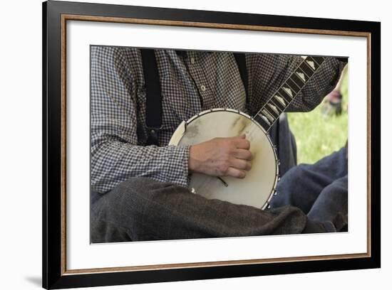 Confederate Soldier Reenactor Playing a Banjo in Camp, Shiloh National Military Park, Tennessee-null-Framed Photographic Print