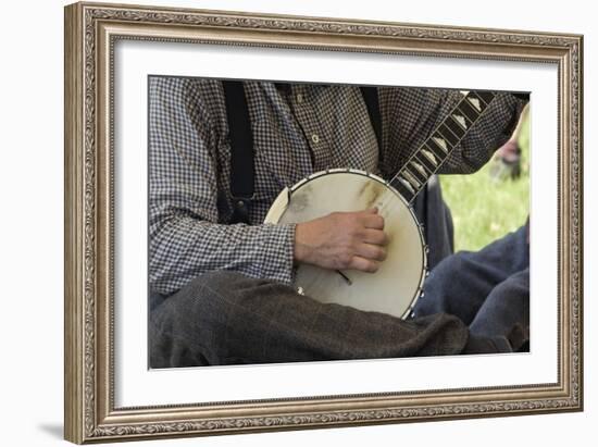 Confederate Soldier Reenactor Playing a Banjo in Camp, Shiloh National Military Park, Tennessee-null-Framed Photographic Print