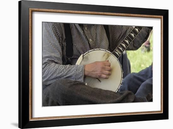 Confederate Soldier Reenactor Playing a Banjo in Camp, Shiloh National Military Park, Tennessee-null-Framed Photographic Print