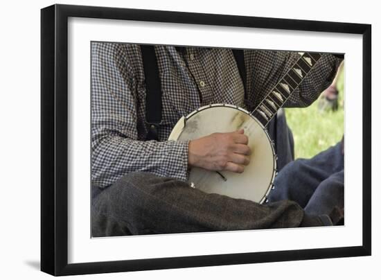 Confederate Soldier Reenactor Playing a Banjo in Camp, Shiloh National Military Park, Tennessee-null-Framed Photographic Print