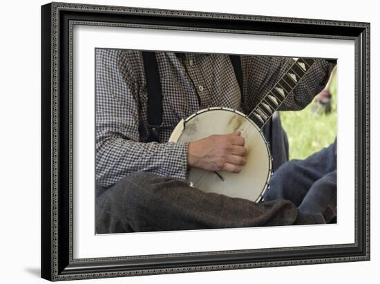 Confederate Soldier Reenactor Playing a Banjo in Camp, Shiloh National Military Park, Tennessee-null-Framed Photographic Print