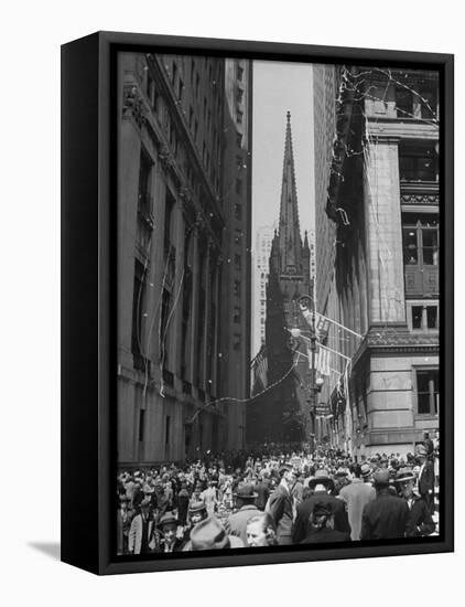 Confetti and Streamers Fly Down from Office Buildings, People Celebrating End of the War in Europe-Andreas Feininger-Framed Premier Image Canvas