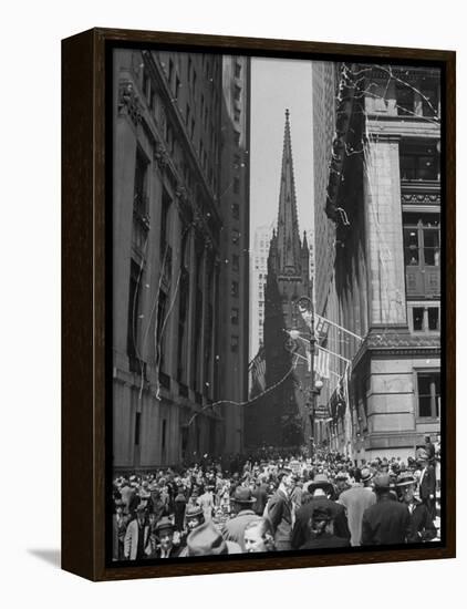 Confetti and Streamers Fly Down from Office Buildings, People Celebrating End of the War in Europe-Andreas Feininger-Framed Premier Image Canvas