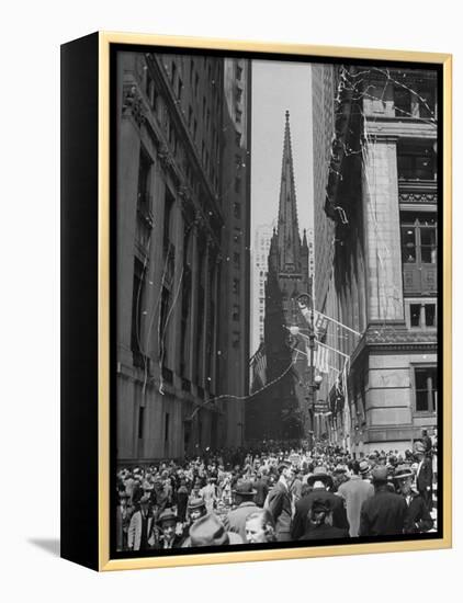 Confetti and Streamers Fly Down from Office Buildings, People Celebrating End of the War in Europe-Andreas Feininger-Framed Premier Image Canvas