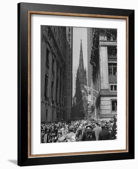 Confetti and Streamers Fly Down from Office Buildings, People Celebrating End of the War in Europe-Andreas Feininger-Framed Photographic Print