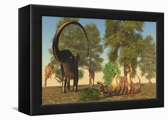 Confrontation Between an Apatosaurus and a Group of Ceratosaurus-Stocktrek Images-Framed Stretched Canvas