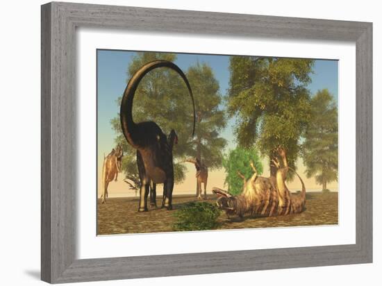 Confrontation Between an Apatosaurus and a Group of Ceratosaurus-Stocktrek Images-Framed Art Print