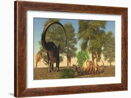 Confrontation Between an Apatosaurus and a Group of Ceratosaurus-Stocktrek Images-Framed Art Print