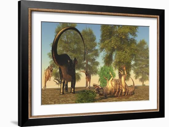 Confrontation Between an Apatosaurus and a Group of Ceratosaurus-Stocktrek Images-Framed Art Print