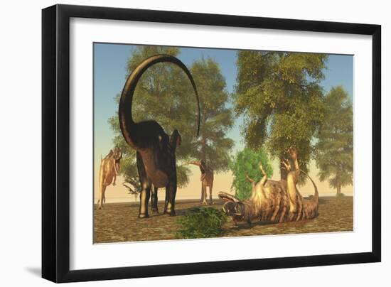 Confrontation Between an Apatosaurus and a Group of Ceratosaurus-Stocktrek Images-Framed Art Print