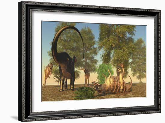 Confrontation Between an Apatosaurus and a Group of Ceratosaurus-Stocktrek Images-Framed Art Print