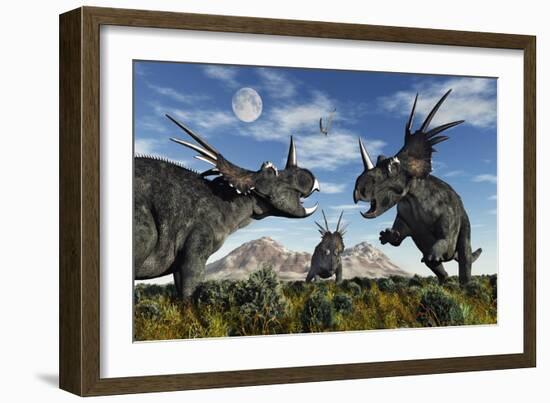 Confrontation Between Male Styracosaurus Dinosaurs-null-Framed Art Print