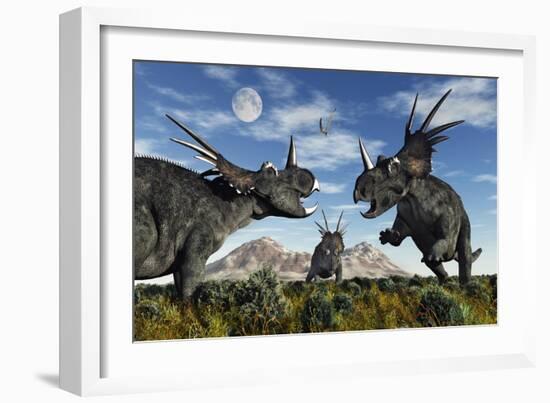 Confrontation Between Male Styracosaurus Dinosaurs-null-Framed Art Print