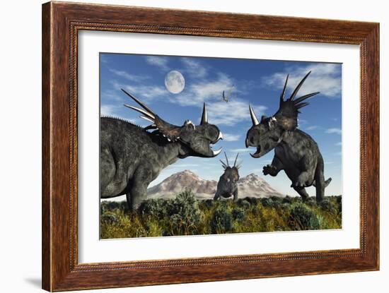 Confrontation Between Male Styracosaurus Dinosaurs-null-Framed Premium Giclee Print