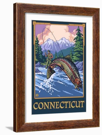 Connecticut - Angler Fisherman Scene-Lantern Press-Framed Art Print