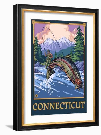 Connecticut - Angler Fisherman Scene-Lantern Press-Framed Art Print