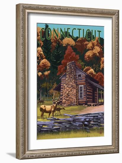 Connecticut - Cabin and Deer Family-Lantern Press-Framed Art Print