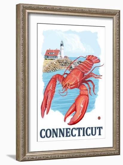 Connecticut - Lobster and Lighthouse-Lantern Press-Framed Art Print