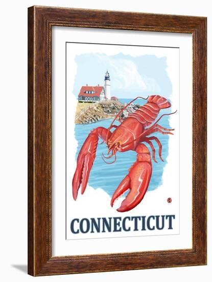 Connecticut - Lobster and Lighthouse-Lantern Press-Framed Art Print