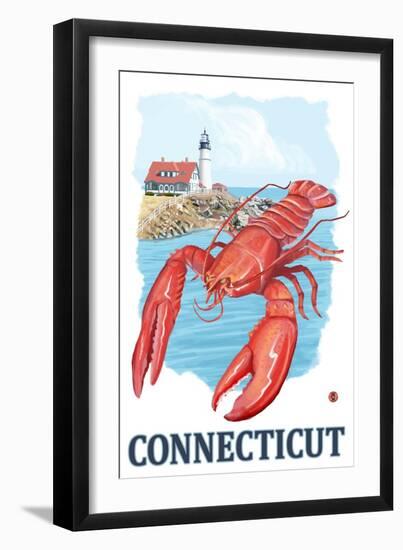 Connecticut - Lobster and Lighthouse-Lantern Press-Framed Art Print