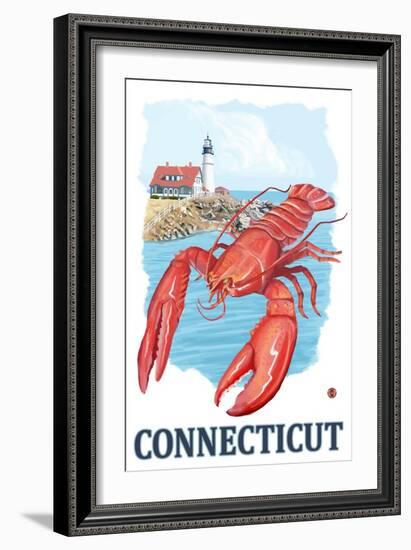 Connecticut - Lobster and Lighthouse-Lantern Press-Framed Art Print