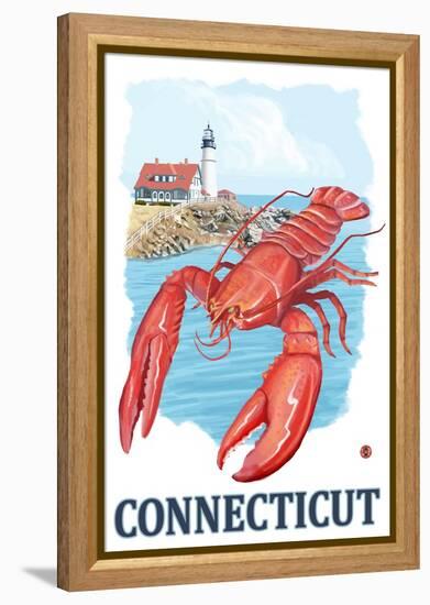 Connecticut - Lobster and Lighthouse-Lantern Press-Framed Stretched Canvas