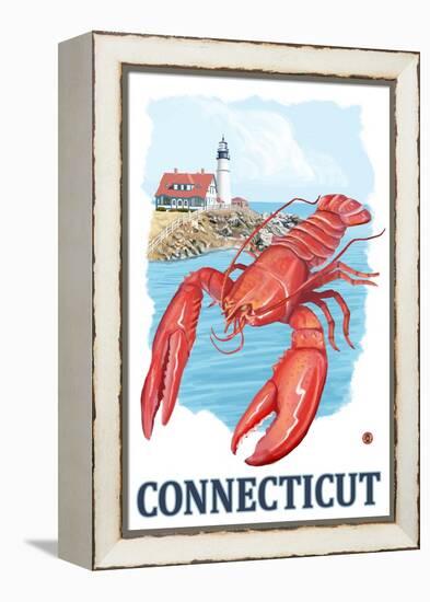 Connecticut - Lobster and Lighthouse-Lantern Press-Framed Stretched Canvas