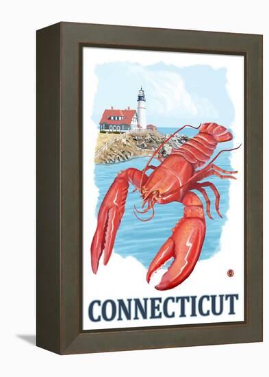 Connecticut - Lobster and Lighthouse-Lantern Press-Framed Stretched Canvas