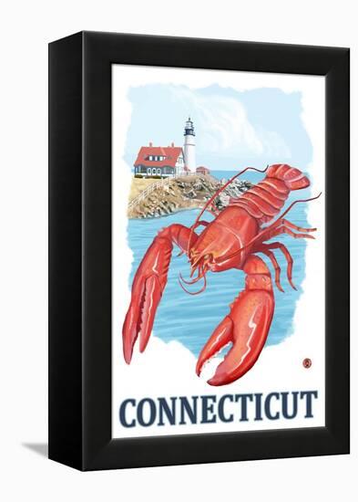 Connecticut - Lobster and Lighthouse-Lantern Press-Framed Stretched Canvas